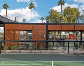 Wood-look aluminum separates space, sunlight, and sound at Electric Pickle