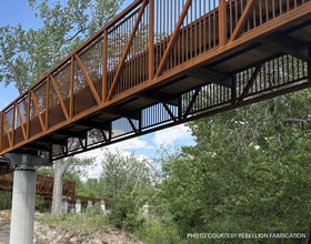 Inside the steelwork of Iowa’s River’s Edge treetop walk