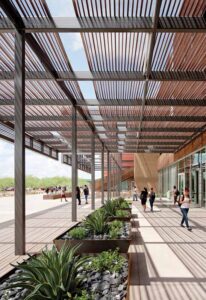 The perforated panels also define a number of sheltered outdoor spaces.