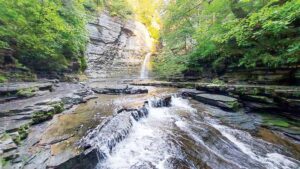 A narrow, babbling river runs through a forest, surrounded by rocks and trees.