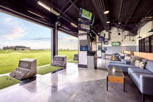 A close-up  interior shot of the golfing bay at the driving range