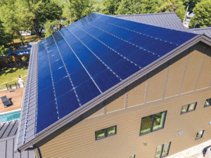 A close-up look at the solar panels on a sloped roof.