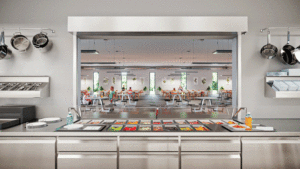 A vertical view of open a food prep area in a cafeteria. 