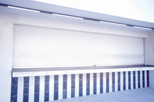 A close-up vertical view of a closed counter door. 