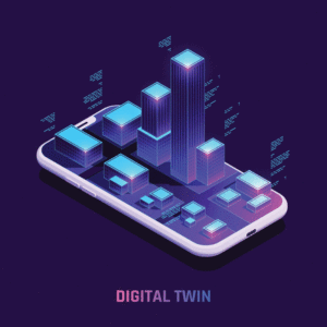 An illustration depicting digital twins. The background is purple with a 3-D appearing rendering of a city block with a skyscraper surrounded by other buildings.