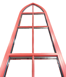 A shot of a red window frame, designed with a vintage appearance. 
