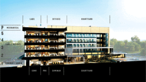 A rendering of the exterior of the building as it it being constructed. 