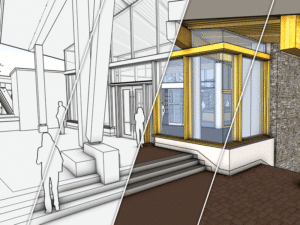 A split screen shows half the rendering in black and white and the other half filled in with color. 