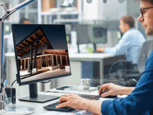 A man's hands are shown typing on a keyboard with a rendering on a computer monitor in front of him. Another man sits at a desk in the background. 