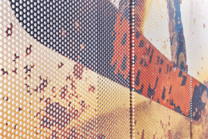 A close-up shot of a facade features a snowboarder in action. Colors on the screen are oranges and browns.