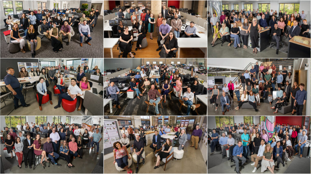a collage of photos in a grid pattern showing groups of employees at different architecture office locations