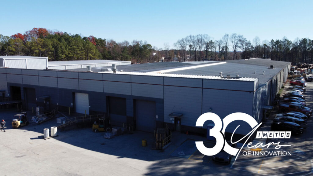 A manufacturing building and parking lot