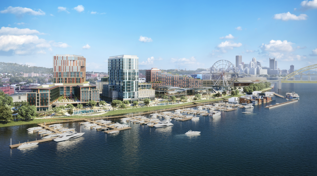 An artist's rendering of the waterfront development including a marina.