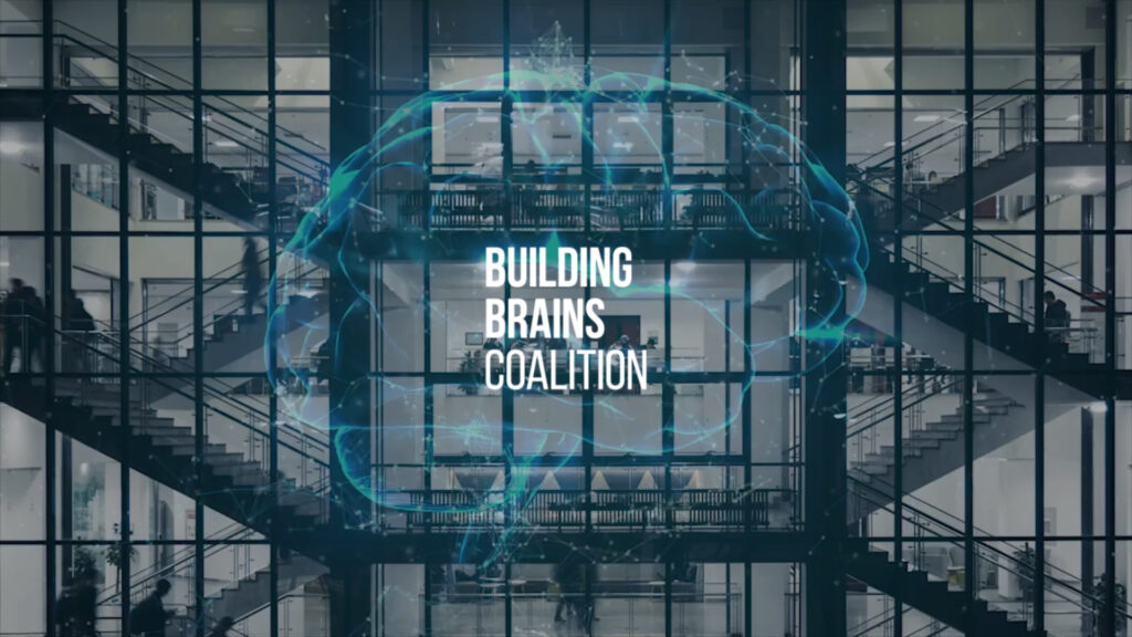 Graphic of a brain superimposed with a building in the background reading Building Brain Coalition in the center.
