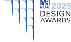 A graphic design on the left side with Metal Architecture 2025 Design Awards situated on the left side.