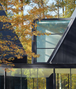 A cropped view of the upper level of a home. The photo is zoomed in on the brown metal roof and large plate glass windows. A tree with yellow leaves is in the background.