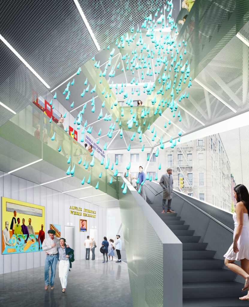 An artist rendering of the museum's atrium with a stairway, metal sheets suspended from the ceiling and numerous turquoise balls hanging from the ceiling.