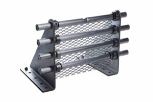 Dark grey rods and perforated metal make up the snow fence with ice screen. 