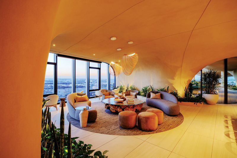 Several round stools sit around a circular table indoors. To the left a set of windows looks outside, while several snake plants sit in the foreground.