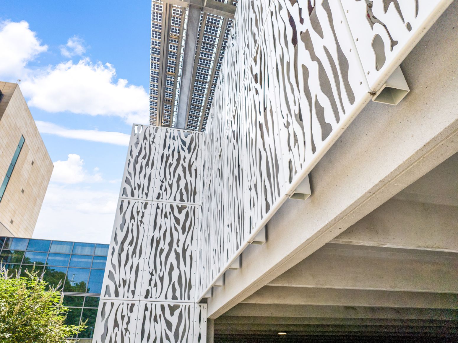 Perforated metal panels with an organic act as cladding for the first and second story of a medical education center.