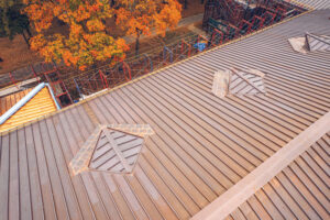 A fresh copper roof on top of a historical building with fall trees in the background.