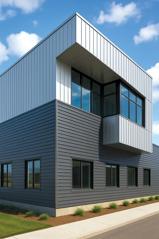 A two-story commercial building with metal wall and air barrier panels. In front of it is a small lawn.