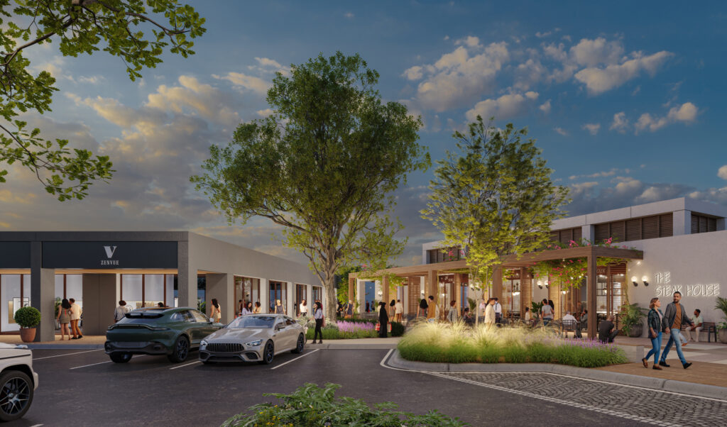 Evening view of a modern retail plaza with luxury cars, trees, people dining outdoors, and contemporary storefronts.