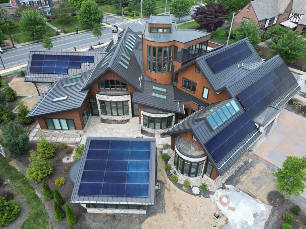 Overhead shot of solar panels on standing seam roof