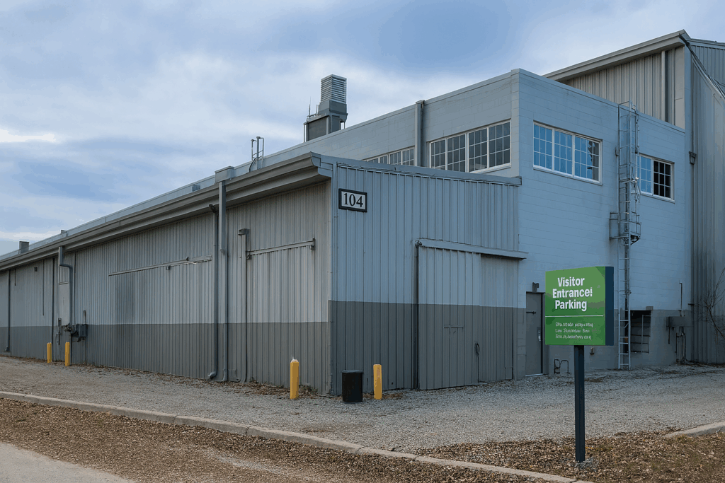 Industrial building with light gray metal siding, clerestory windows, rooftop vents, and a green sign marking the visitor entrance and parking.
