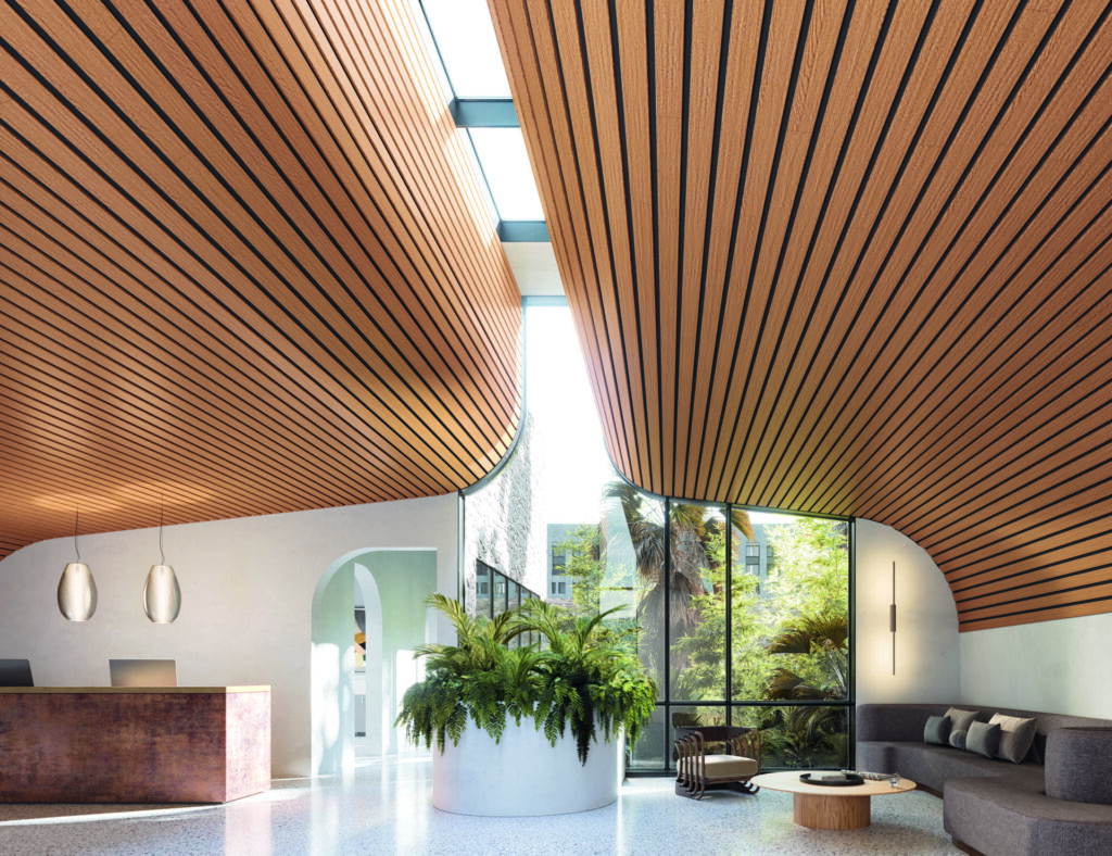 Wood finish on metal ceiling panels