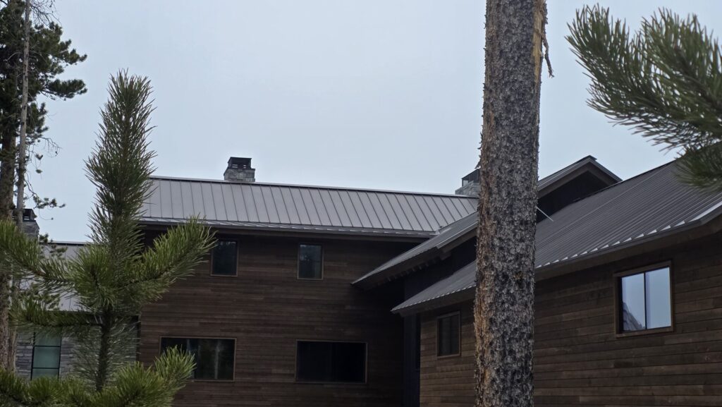 Side view of home with black metal roof displayed amongst snow guard system.