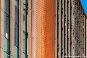 Close up image of building facade wall. Side angle view.