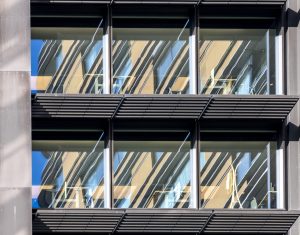 This image displays metal sun shading on a building's facade.