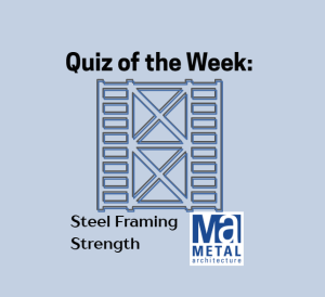 Quiz of the week graphic with blue background features an illustration of framing and the text "Steel Framing Strength"