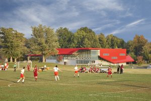 Stark red metal structure visible in background of field.