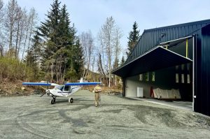 Open bifold door on a black structure, photographed during the day.