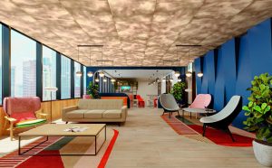 A textured metal ceiling in a copper hue is displayed in this interior shot.