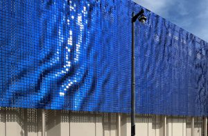 Side view of blue kinetic facade