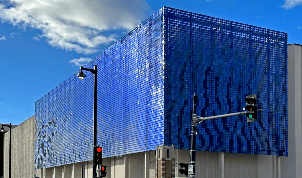 Blue kinetic facade on a school building