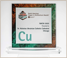 The North American Copper in Architecture Award certificate on a plastic stand