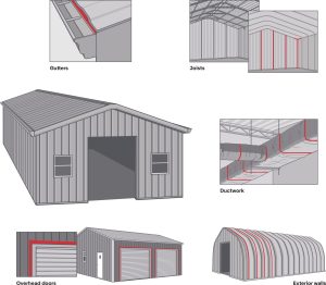 Diagram of adhesive applications on metal buildings.