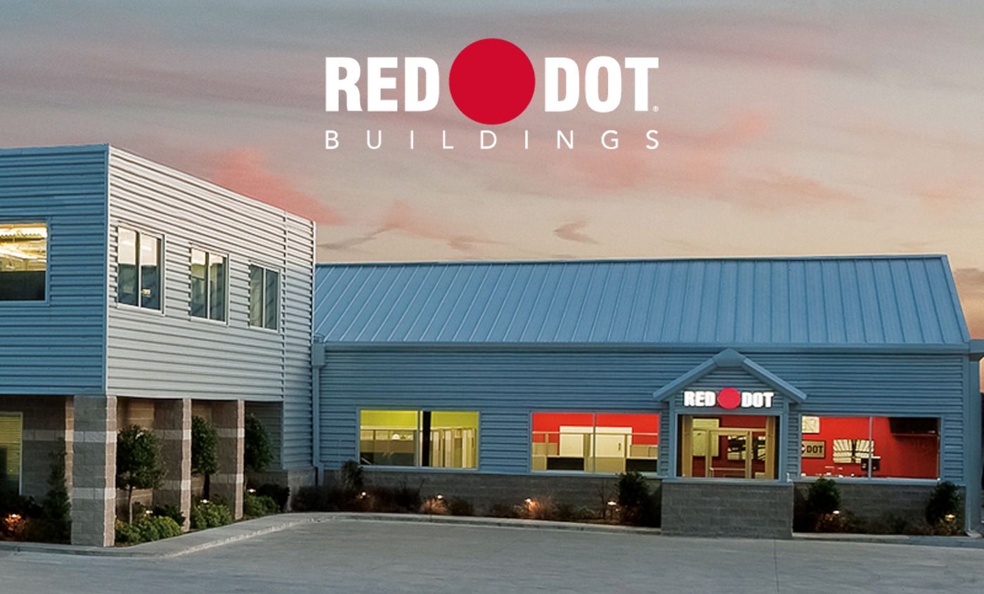 Red Dot Buildings office, a pre-engineered metal building with standing seam metal panel cladding.