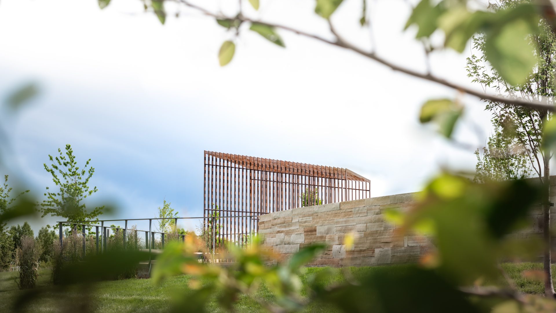 Metal structure in the center of a park.
