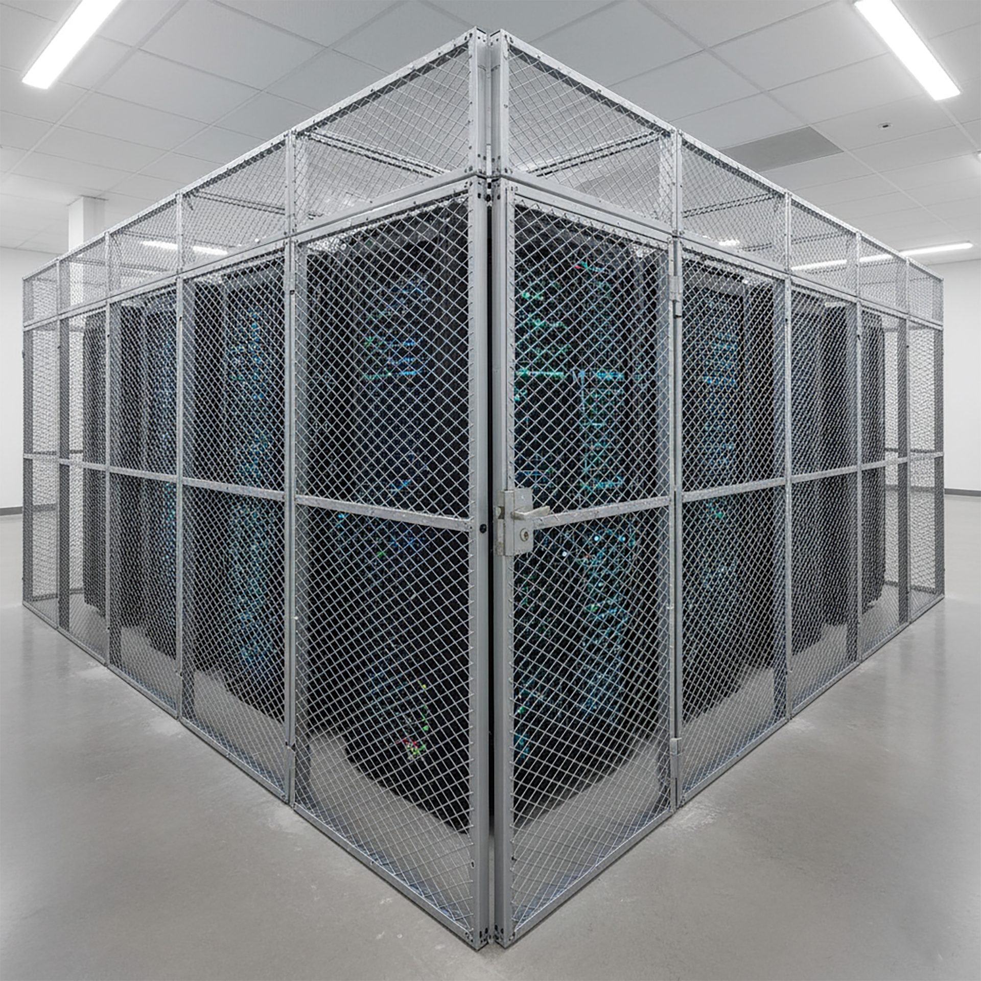 Expanded metals used in a cage for hardware storage.