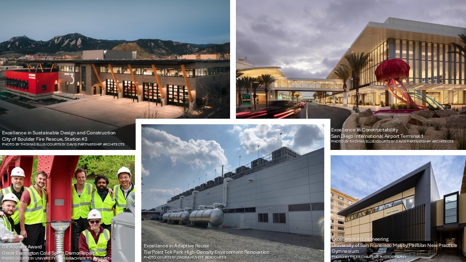 2026 IDEAS award winners in a collage, featuring structural steel projects