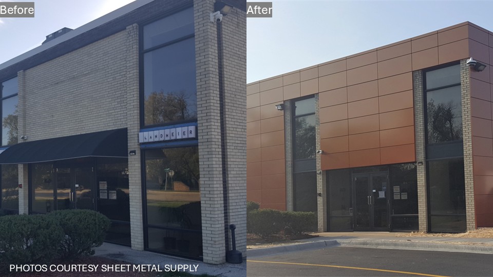 A building facelift before and after with orange ACM cladding