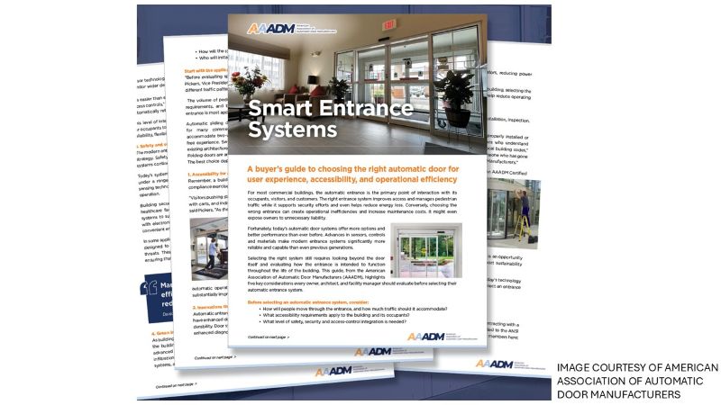 Cover of AAADM’s Smart Entrance Systems buyer’s guide, featuring a glass automatic entrance and guidance on choosing a door for user experience, accessibility, and operational efficiency.