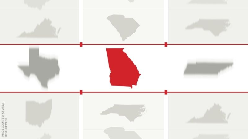 Graphic showing Georgia highlighted in red at the center of a grid of muted gray state silhouettes, representing Area Development’s 2026 Top States for Doing Business rankings.
