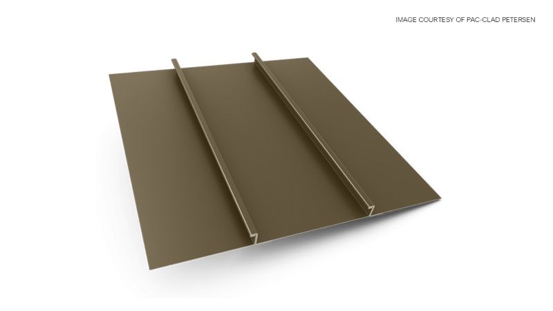 Isometric illustration of a dark gray metal roofing panel with two raised standing seams and broad flat pans.